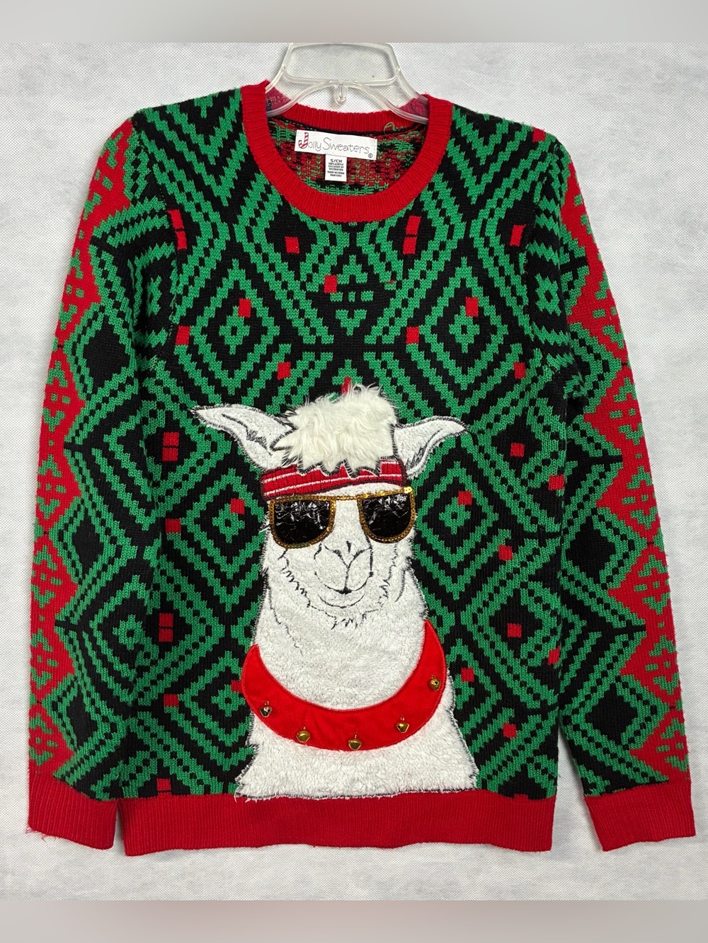 Jolly Sweaters Men Small Ugly Christmas Sweater Red Green Llama Sunglasses Bells